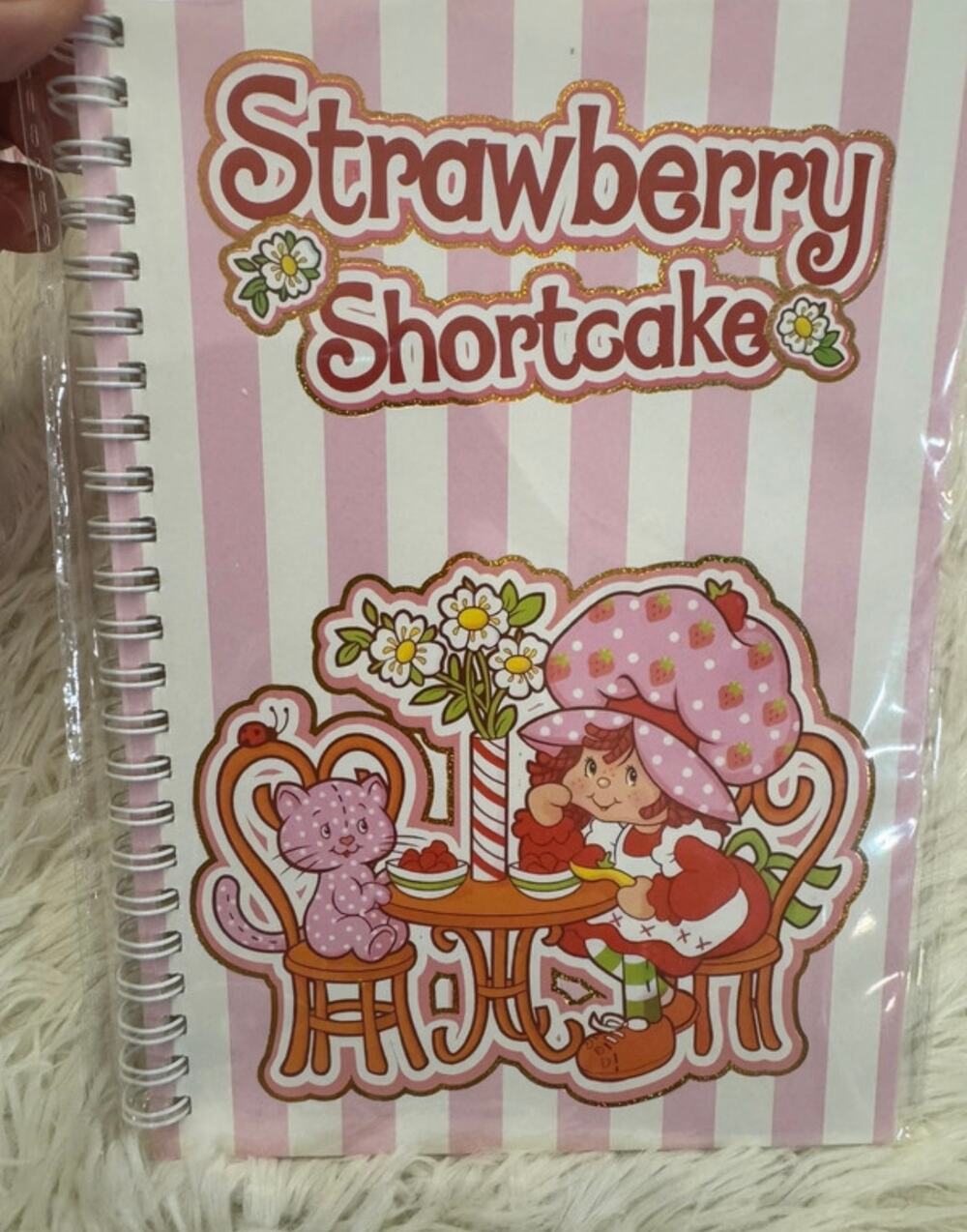 Strawberry Shortcake A5 size spiral notebook with pink  white vertical stripes